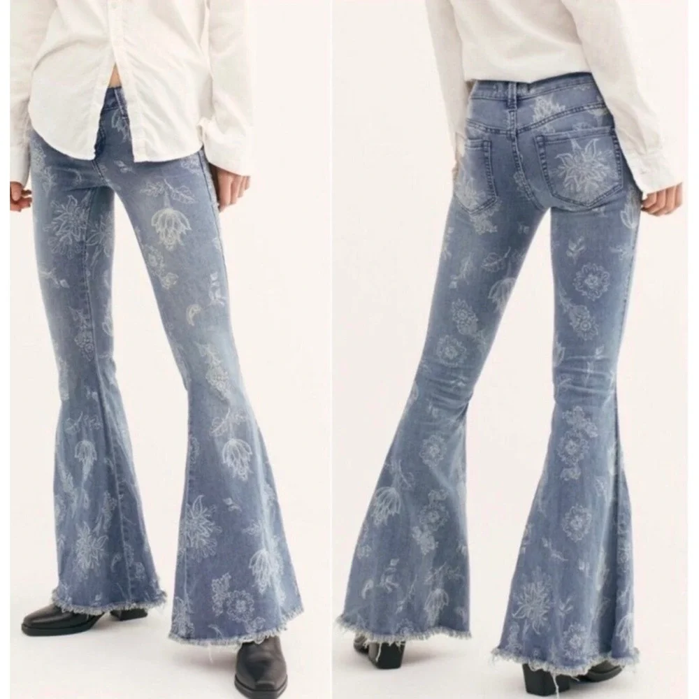 Free People Just Float On Printed Flare Jeans Floral Paisley Blue 29 Raw Hem